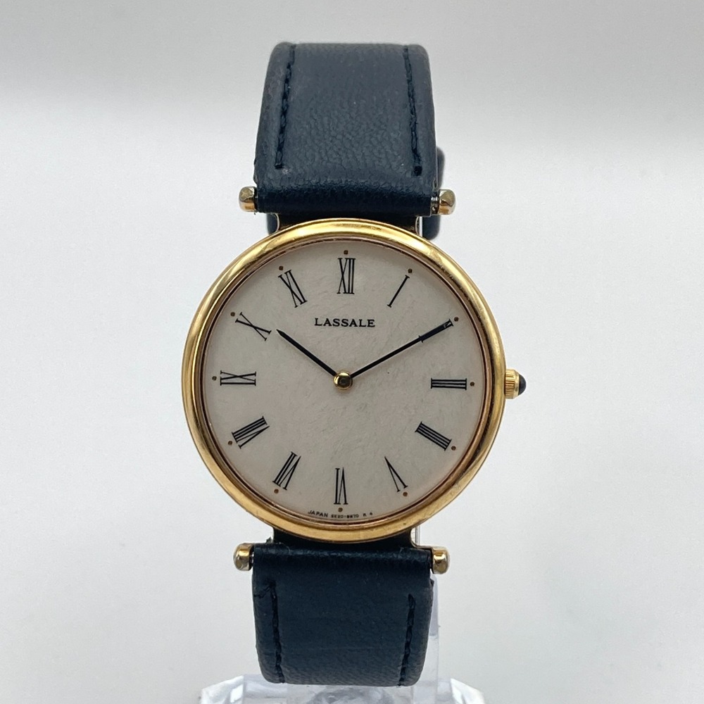 Vintage Lassale Men's Watch 32mm Gold Tone 5E20-8A69 Slim Black Band New Battery - Picture 3 of 16
